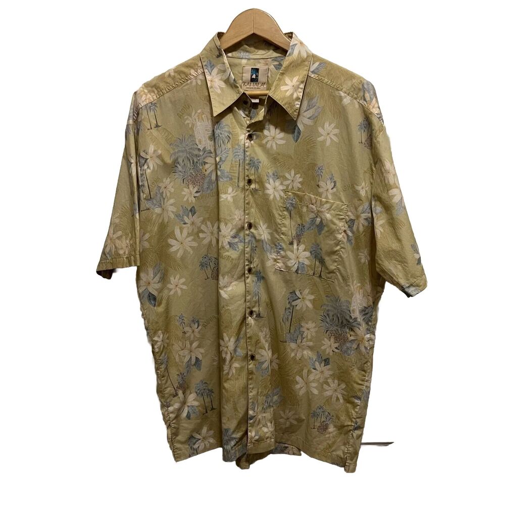 Kahala Hawaiian Shirt Mens Large Floral Yellow White  100% Cotton Vacation Beach